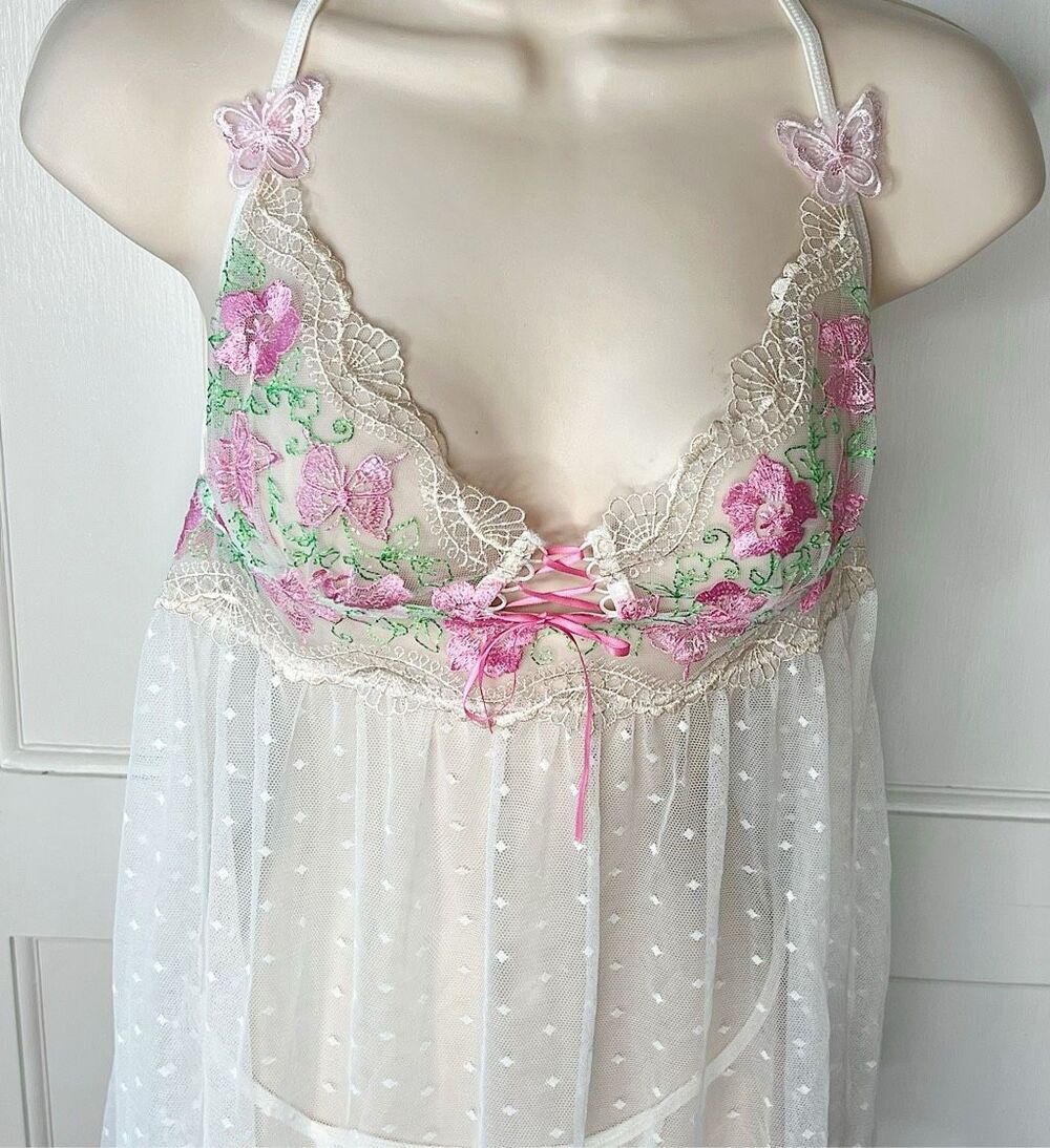Dreamgirl Butterfly Embroidered White Sheer Babydoll Slip Dress Size Small